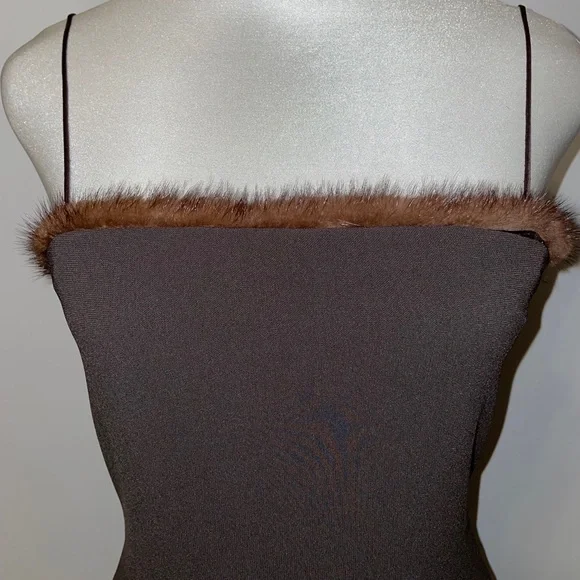 Tahari Striking Mink trimmed Spaghetti Strap Dress - Picture 5 of 13